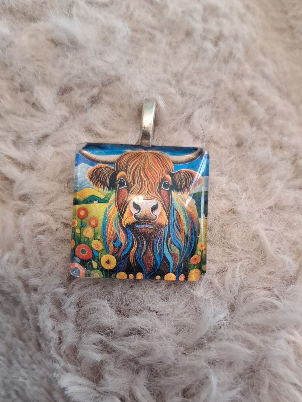 Hand Crafted Colorful Highland Cow Pendant Art Tile Necklace